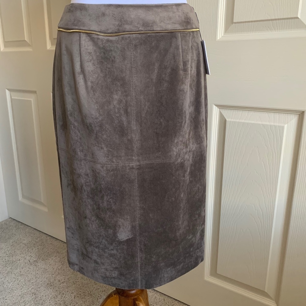 Calvin Klein Brown Suede Pencil Skirt with Gold Trim